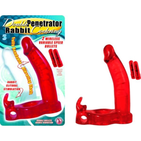 Double Penetrator Rabbit Cockring Red